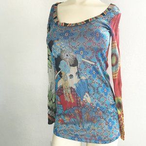 Desigual 'metallic' top, Asian inspired look